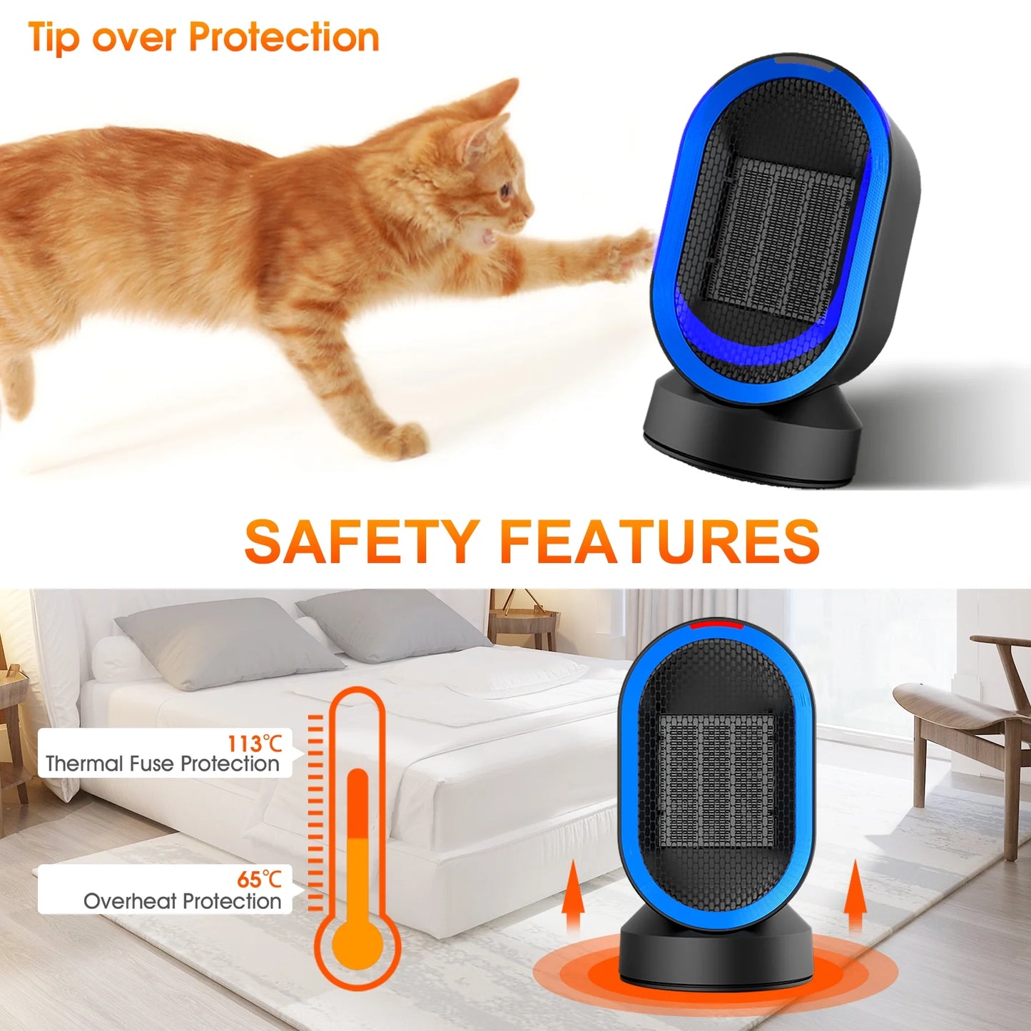 600W Space Heater, Desk Heaters with PTC Ceramic Heating , 45° Oscillation ,Tipped-Over Protection, Black