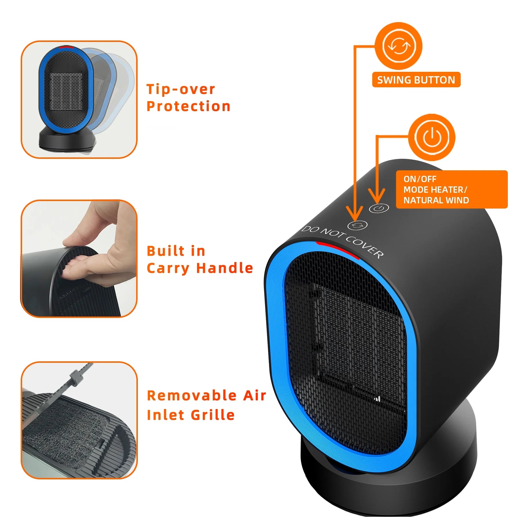 600W Space Heater, Desk Heaters with PTC Ceramic Heating , 45° Oscillation ,Tipped-Over Protection, Black