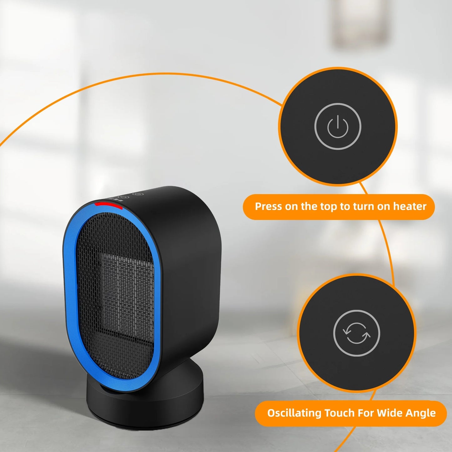 600W Space Heater, Desk Heaters with PTC Ceramic Heating , 45° Oscillation ,Tipped-Over Protection, Black