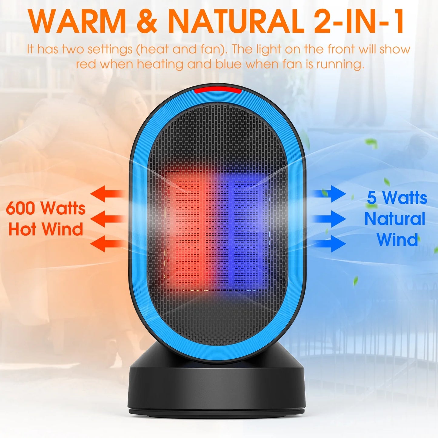 600W Space Heater, Desk Heaters with PTC Ceramic Heating , 45° Oscillation ,Tipped-Over Protection, Black