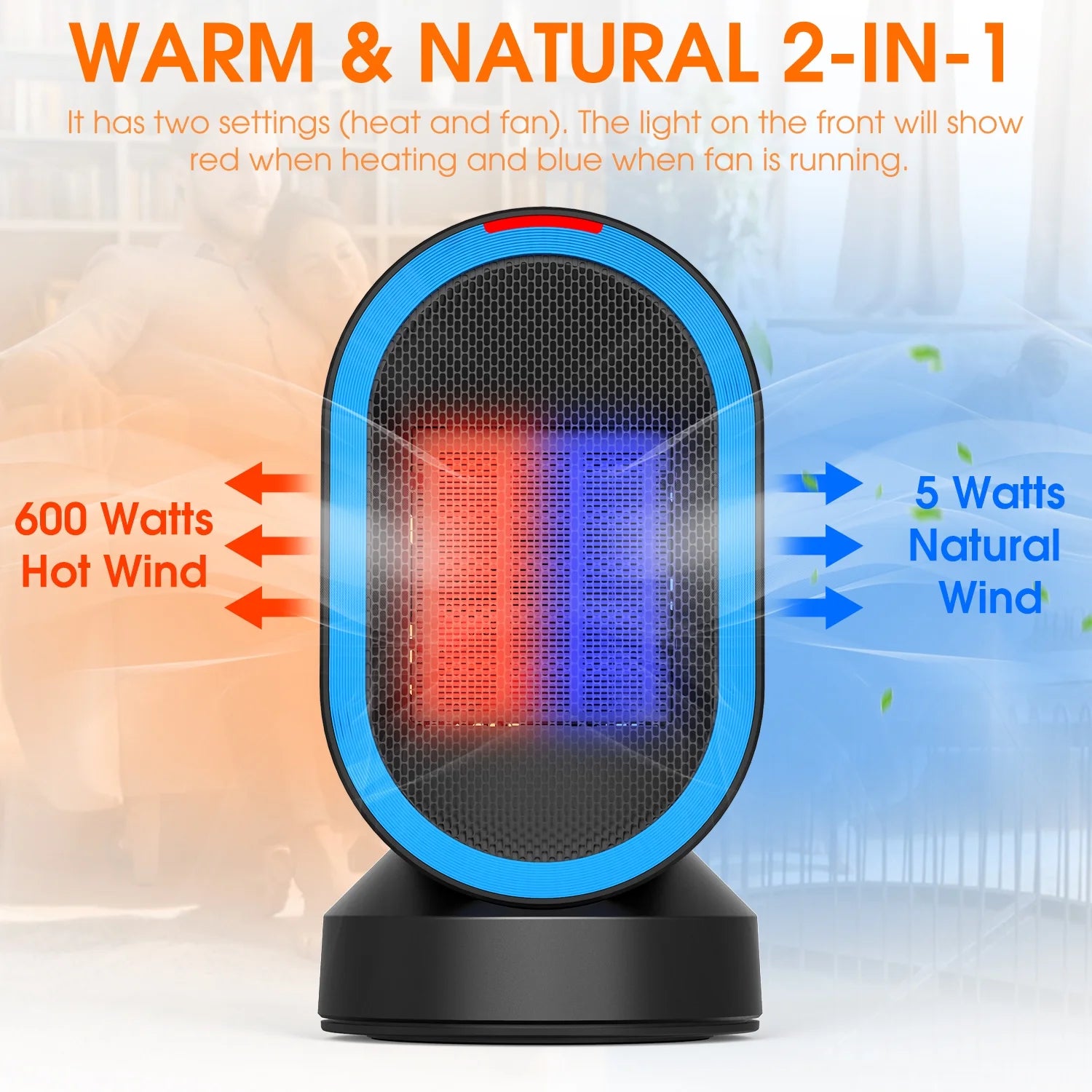 600W Space Heater, Desk Heaters with PTC Ceramic Heating , 45° Oscillation ,Tipped-Over Protection, Black
