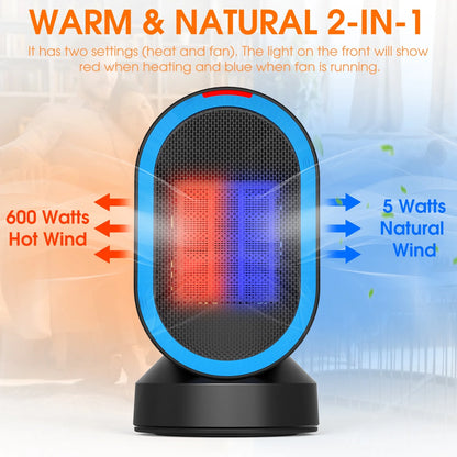 600W Space Heater, Desk Heaters with PTC Ceramic Heating , 45° Oscillation ,Tipped-Over Protection, Black
